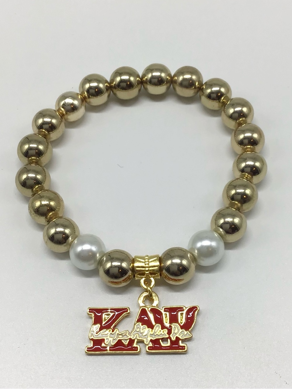 Kappa Alpha Psi Gold Beaded Stretch Bracelet with White Pearls